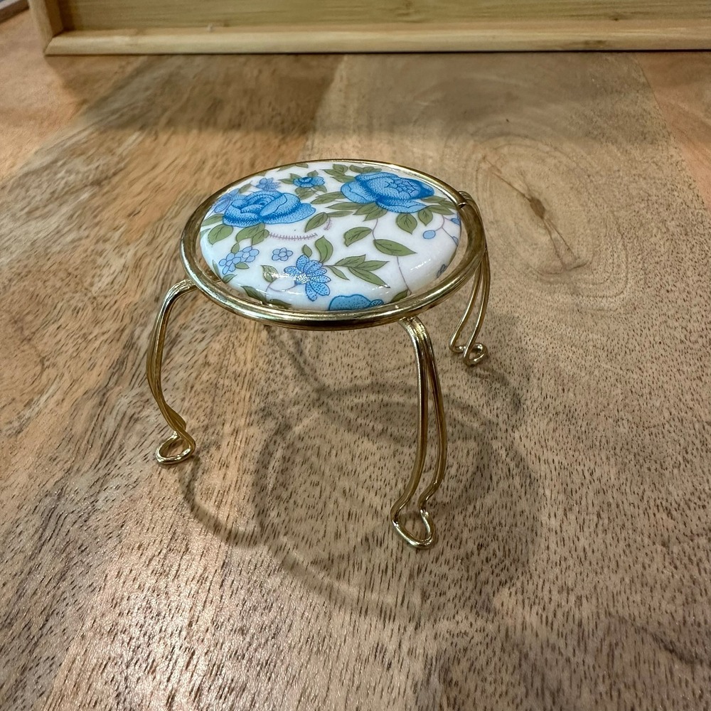 Vintage Miniature Brass Pedestal Stand Blue Floral Porcelain Inlay 3 inch